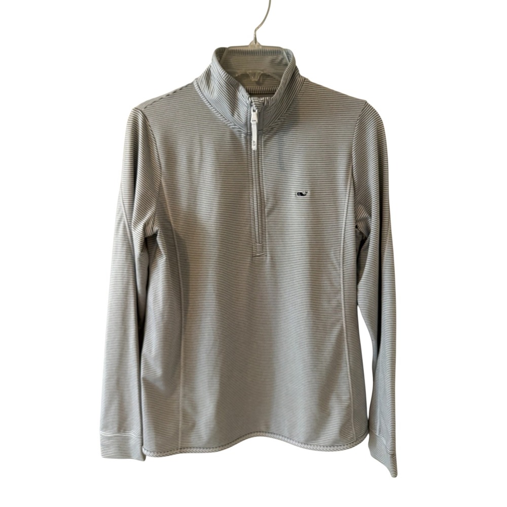 Vineyard Vines Sankaty Grey White Striped Quarter Zip Pullover 2K001946 Womens M